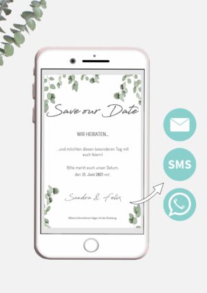 Save the Date Whatsapp Vorlage: Nachhaltig heiraten Dank digitaler Karten im Eukalyptus Design