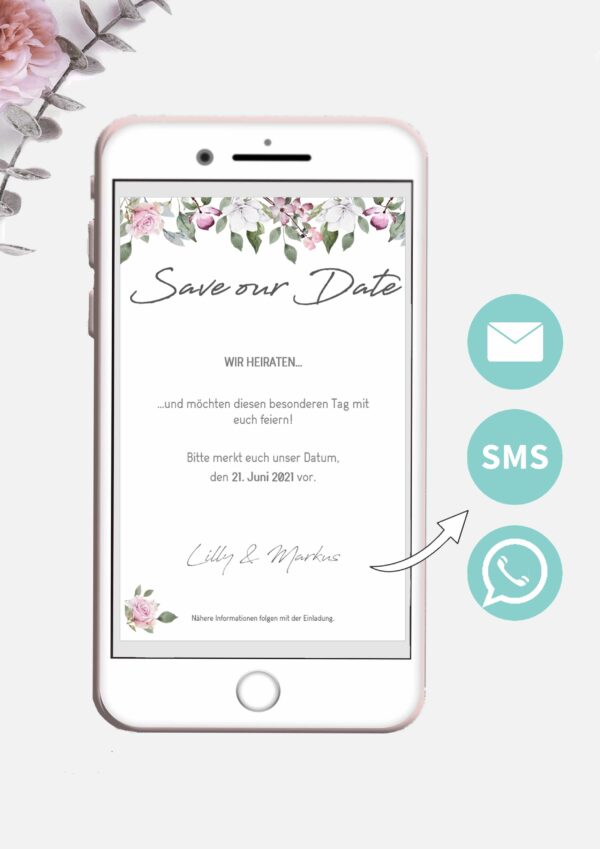 Save the Date Whatsapp Vorlage: Nachhaltig heiraten Dank digitaler Karten im romantischen Rose Design