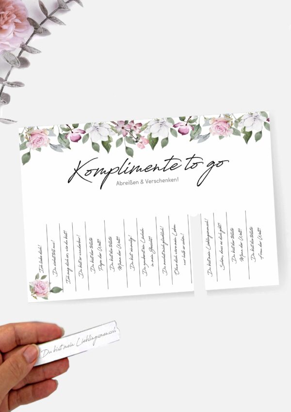 Komplimente to go Druckvorlage: Druckvorlagen für individuelle Komplimente to go im floralen romantischen Rose Design