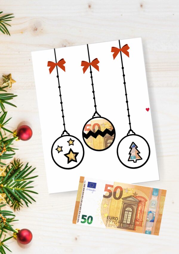 Geldgeschenk Karte basteln mit Christbaumkugeln zu Weihnachten
