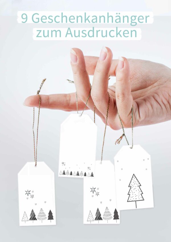 Geschenkanhänger Weihnachten mit schwarz weißen Tannenbäumen zum ausdrucken