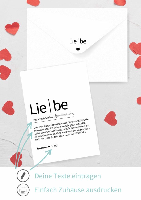 Druckvorlage Karte Definition Liebe zum Personalisieren als Valentinstags Geschenk