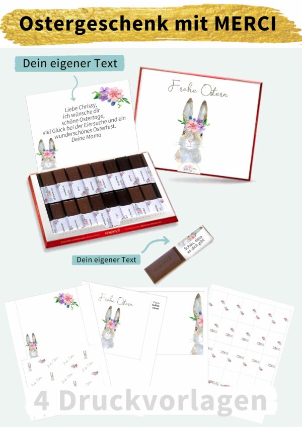 Vorlagen für ein DIY Ostergeschenk mit Merci zum Personalisieren, Ausdrucken und Basteln